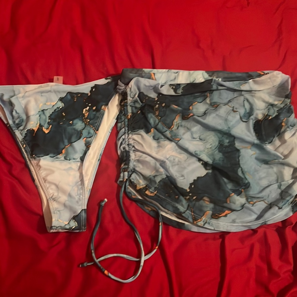 2pack Plus Marble Print Tie Side Bikini Panty & Beach Skirt